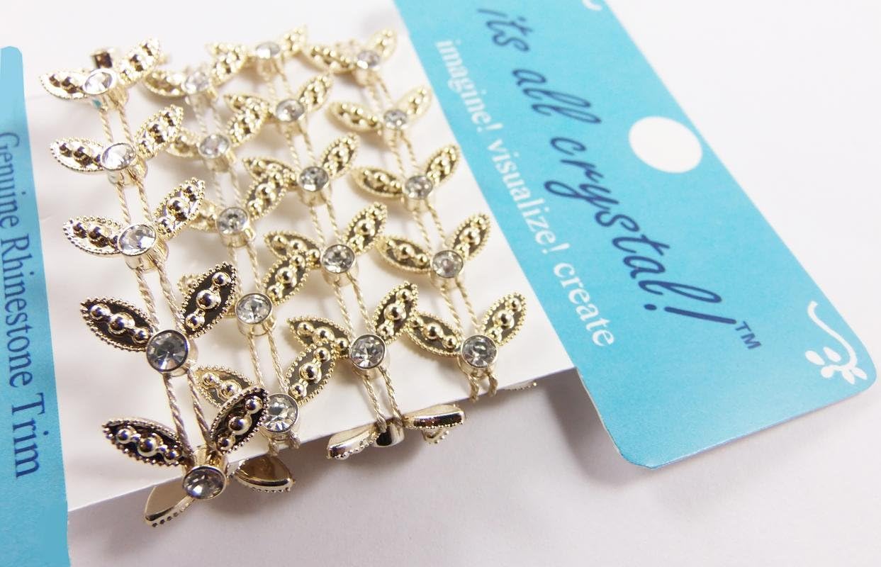 12 Pcs Genuine Rhinestones Trim Braid Strap - Gold Finish - Leaf Shapes