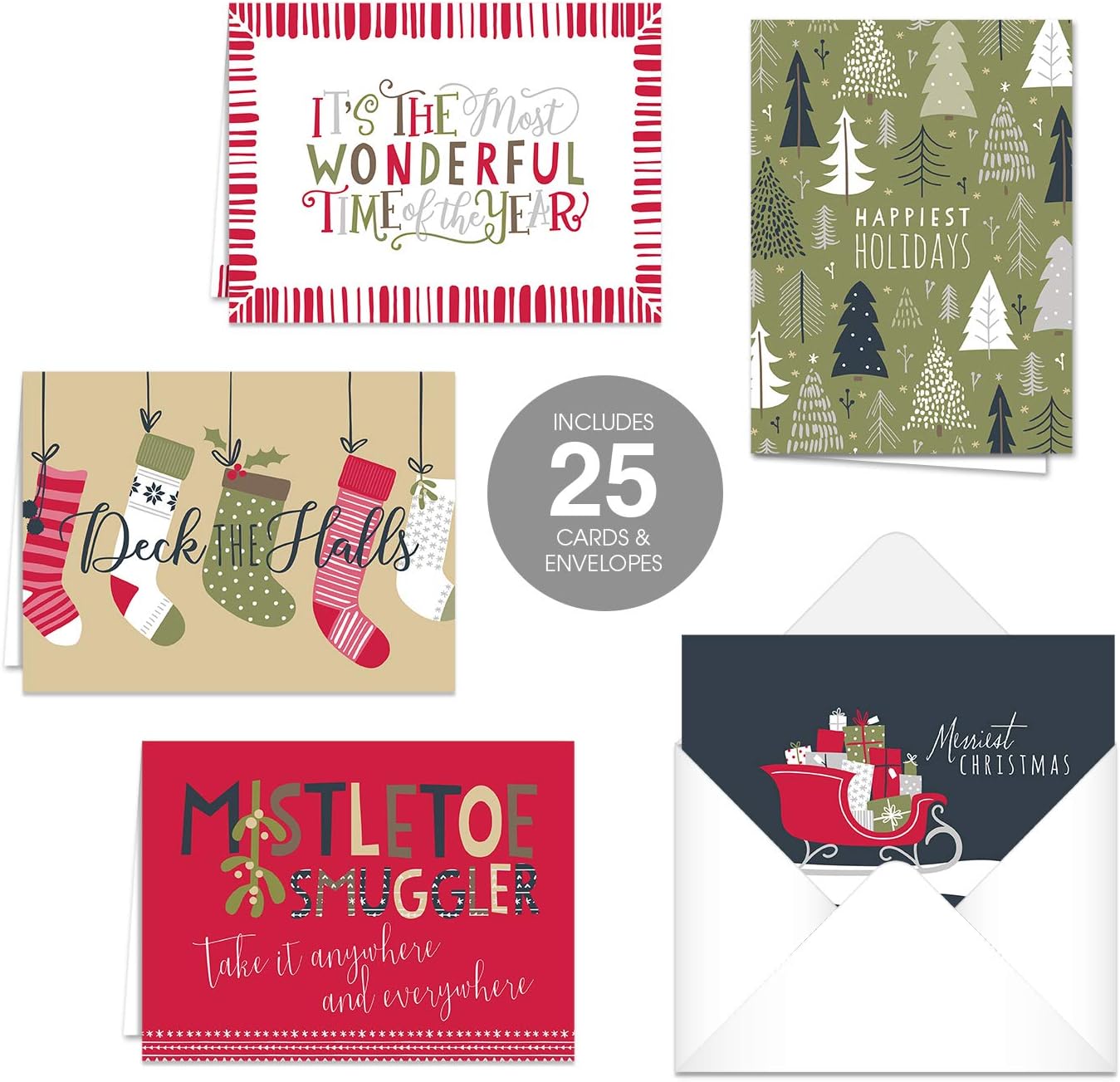 Canopy Street Festive Season Christmas Cards / 25 Holiday Cards With White Envelopes / 5 Winter Seasonal Designs / 4 5/8" x 6 1/4" Holiday Greeting Cards