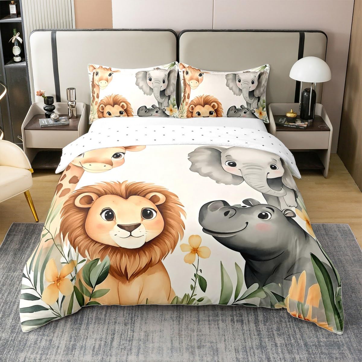 Homewish Safari zestawy pościeli ze zwierzętami, rozmiar king size, dżungla, zwierzęta, bawełna, poszewka na kołdrę, dzika przyroda, zoo, słoń, lew, poszewka na kołdrę dla dzieci, chłopców, dziewcząt