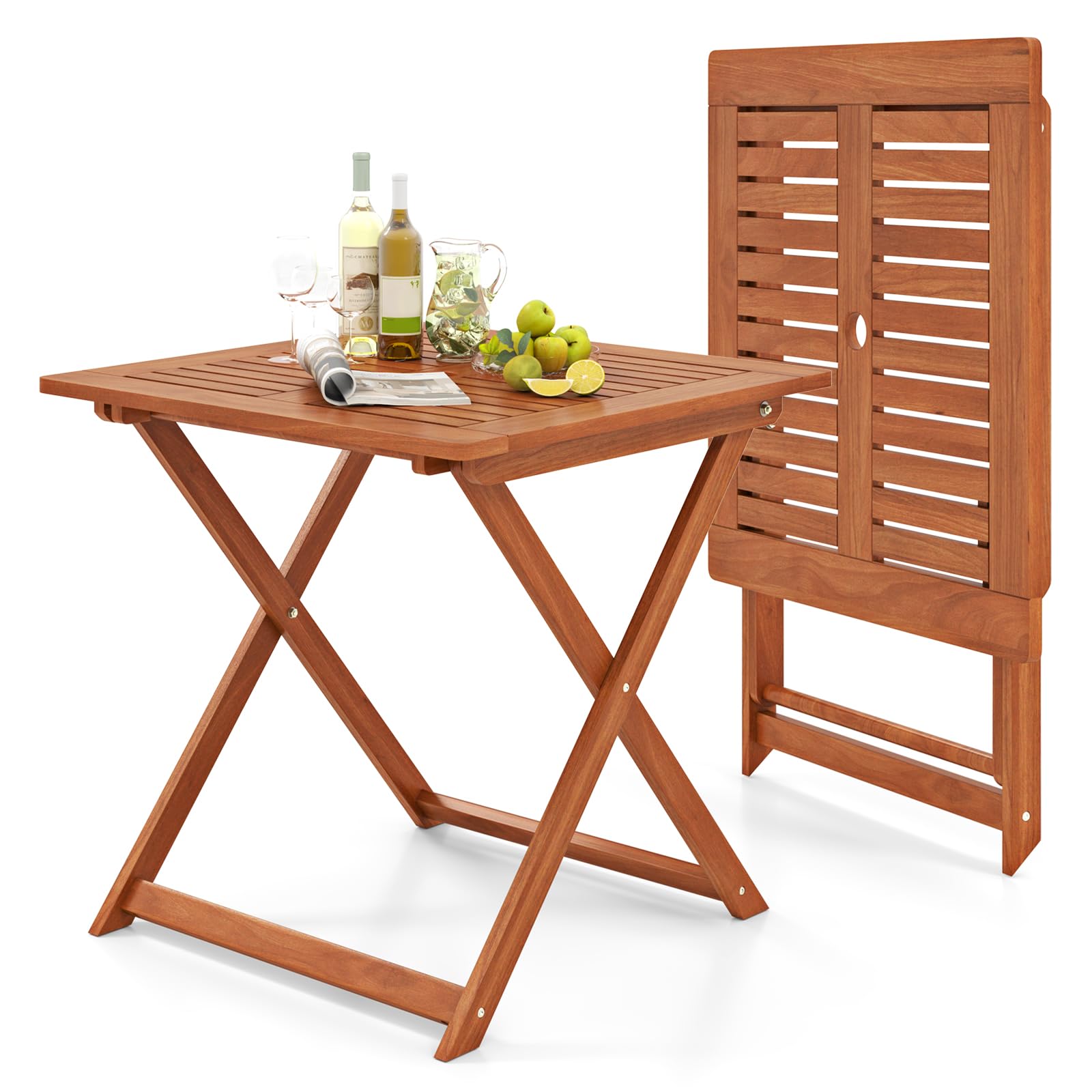 Byroce Outdoor Patio Table, 29.5” x 29.5” Folding Bistro Table with Slatted Tabletop & 2” Umbrella Hole, Solid Wood Outdoor Dining Table, Portable for