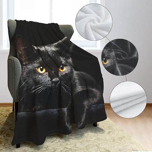 Miniatura 4 de YISUMEI Manta de forro polar con diseño de gato negro, moderna, decorativa, con ojos grandes, suave, cálida, acogedora, para niños y adultos, regalo