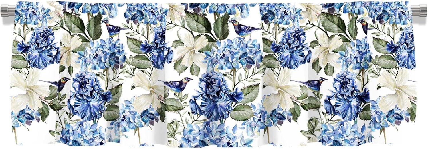 Blackout Watercolor Blue and White Hydrangea Flower and Bird Rod Pocket Short Window Curtain Valance for Kitchen Bedroom Decor, 52" x 18", Navy Blue and Green, 4 Panels