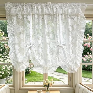 French Country Ruffled Floral Lace Tie Up Balloon Curtain Swag Valance