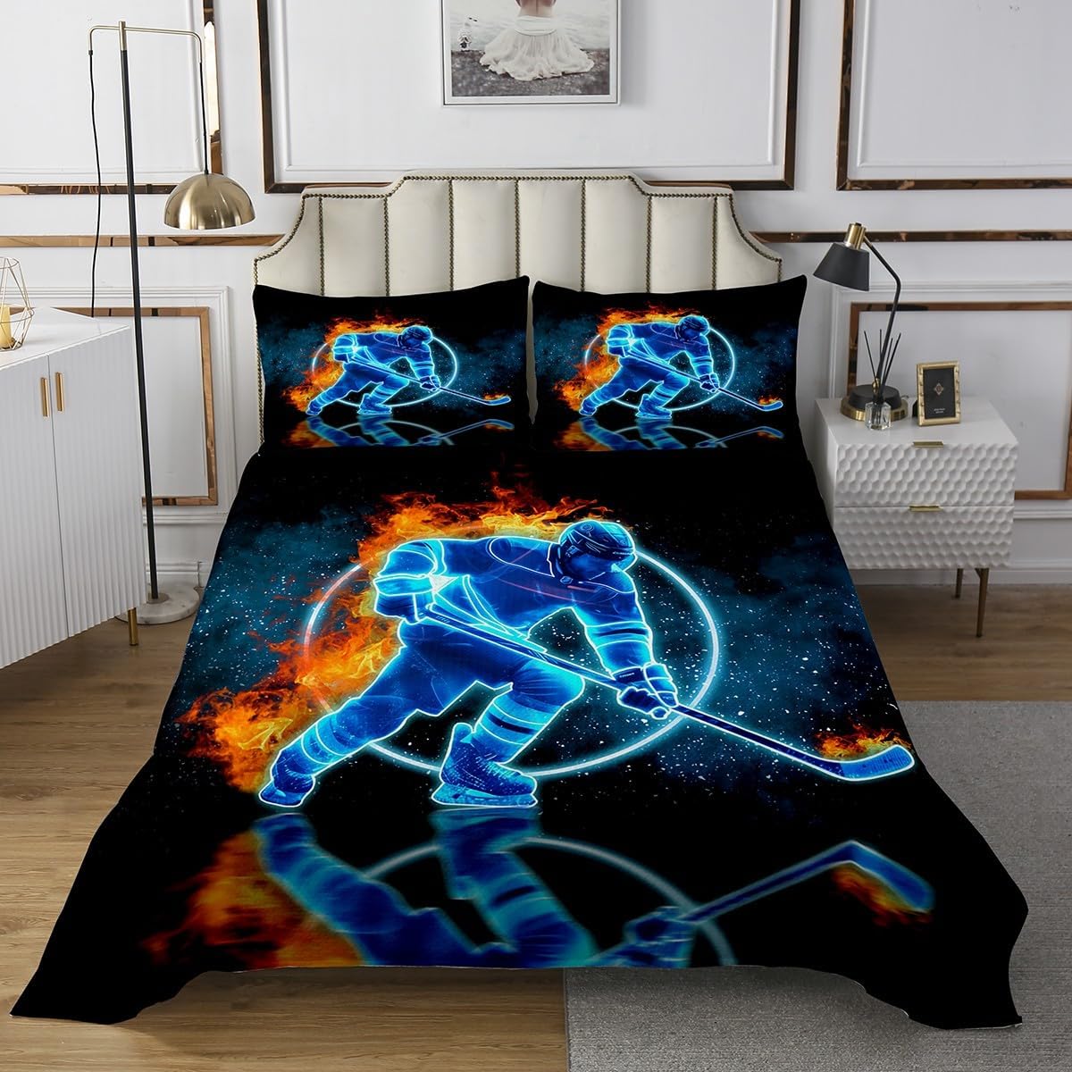 Erosebridal Ice Hockey Bedspread King Hockey Player Coverlet Set Competitive Game Bedding Set Winter Sport Quilted Coverlet Ice and Fire Bedspread Galaxy Geometric Bedding Set, Blue