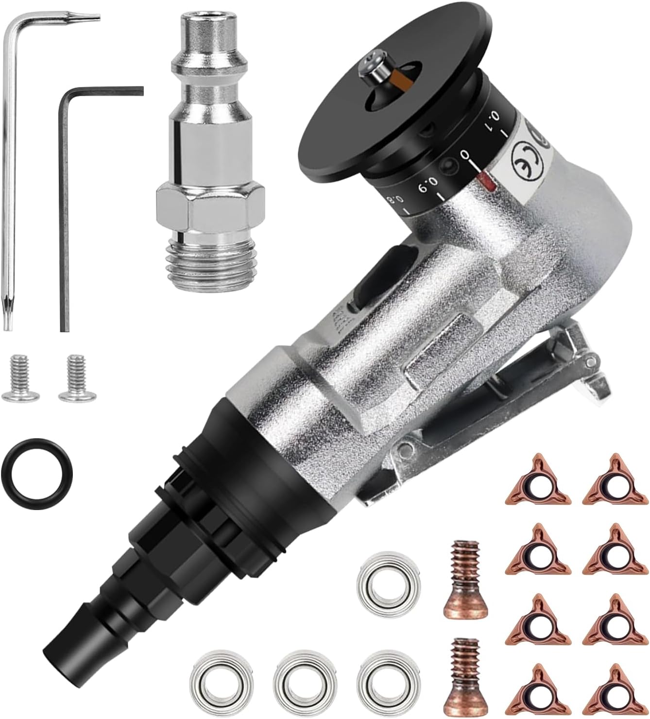 Pneumatic Chamfering Tool Handheld, Mini Aluminium Alloy Air-Powered Chamfering Machine Trimming, 45° Arc Corner with 1/4 Inch Air Inlet for Metal Wood Deburring Beveling (R Angle Blades)