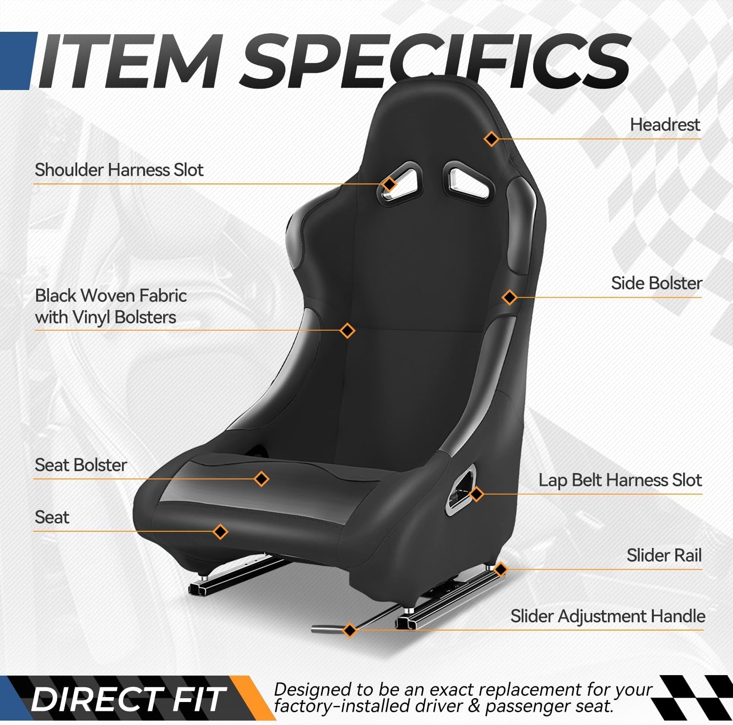 Auto Dynasty Pair of Racing Seat Universal Woven Fabric Vinyl Reclinable Bucket Seats with Bottom Mount Sliders For 4 Point Harness, 36" H x 21.5" W x 22" D, Driver & Passenger Side, Black