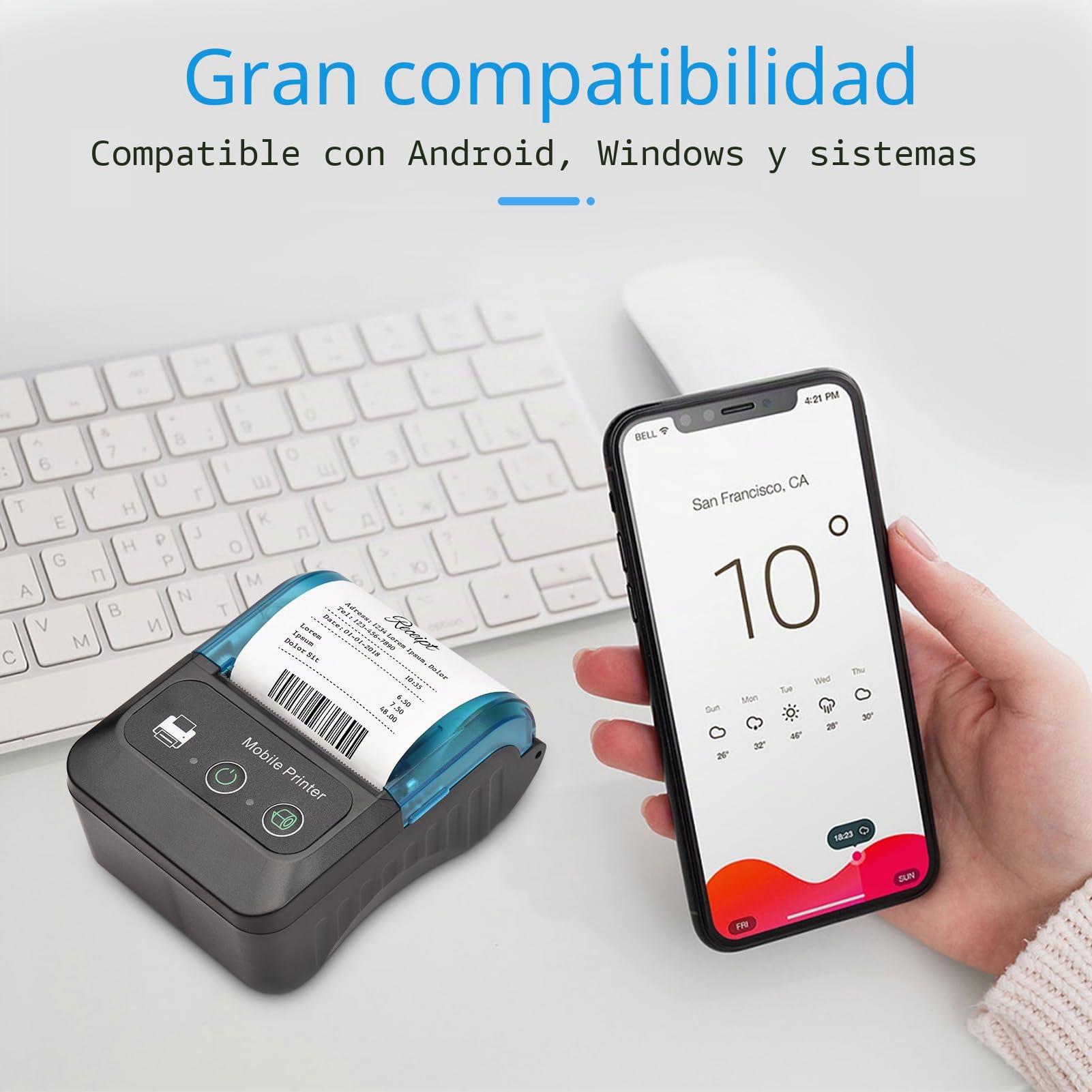 Impresora térmica de recibos portátil 58 mm mini 2 pulgadas 11 rollos papel térmico USB BT