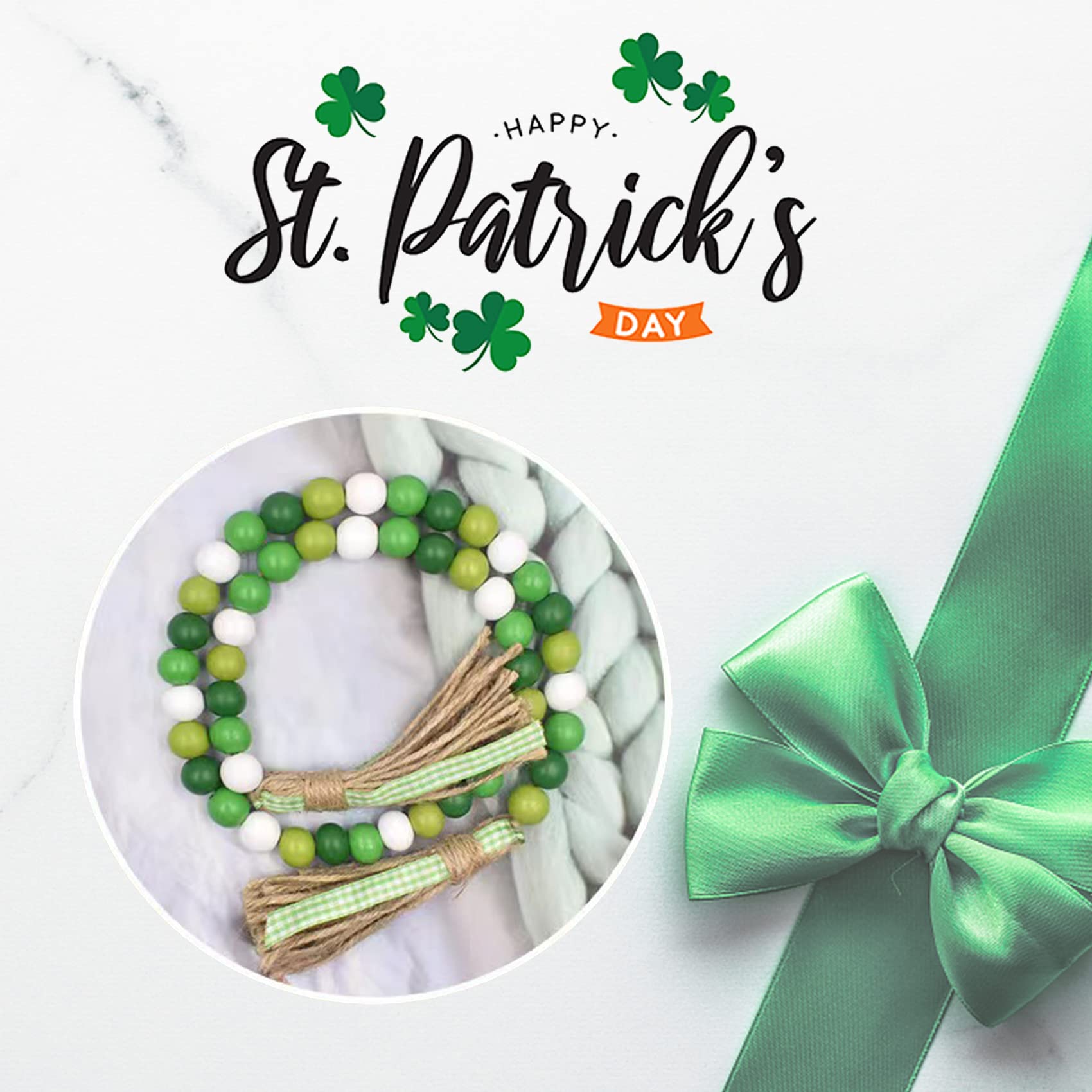 Wood Bead Garland Home Decor Farmhouse Beads for Shelf,Mantle,Coffee/Living Room/Dining Table Centerpiece Decor,Boho Wood Beads with Tassels,Vase,Wall Hanging Prayer Beads (Green Bead)