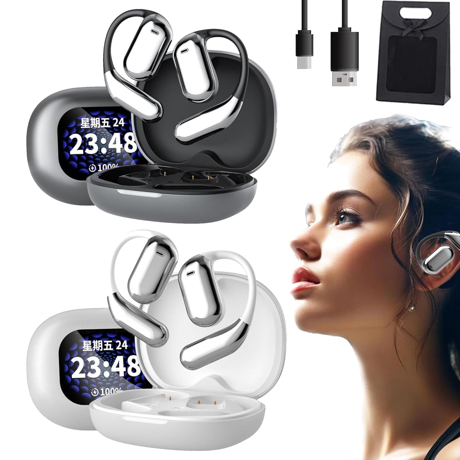 True Potężne słuchawki douszne Bluetooth 5.4, aluminiowe słuchawki douszne, wodoodporne IPX5, bezprzewodowe słuchawki douszne Bluetooth, bardzo wygodne, do biegania i treningów, 2 szt