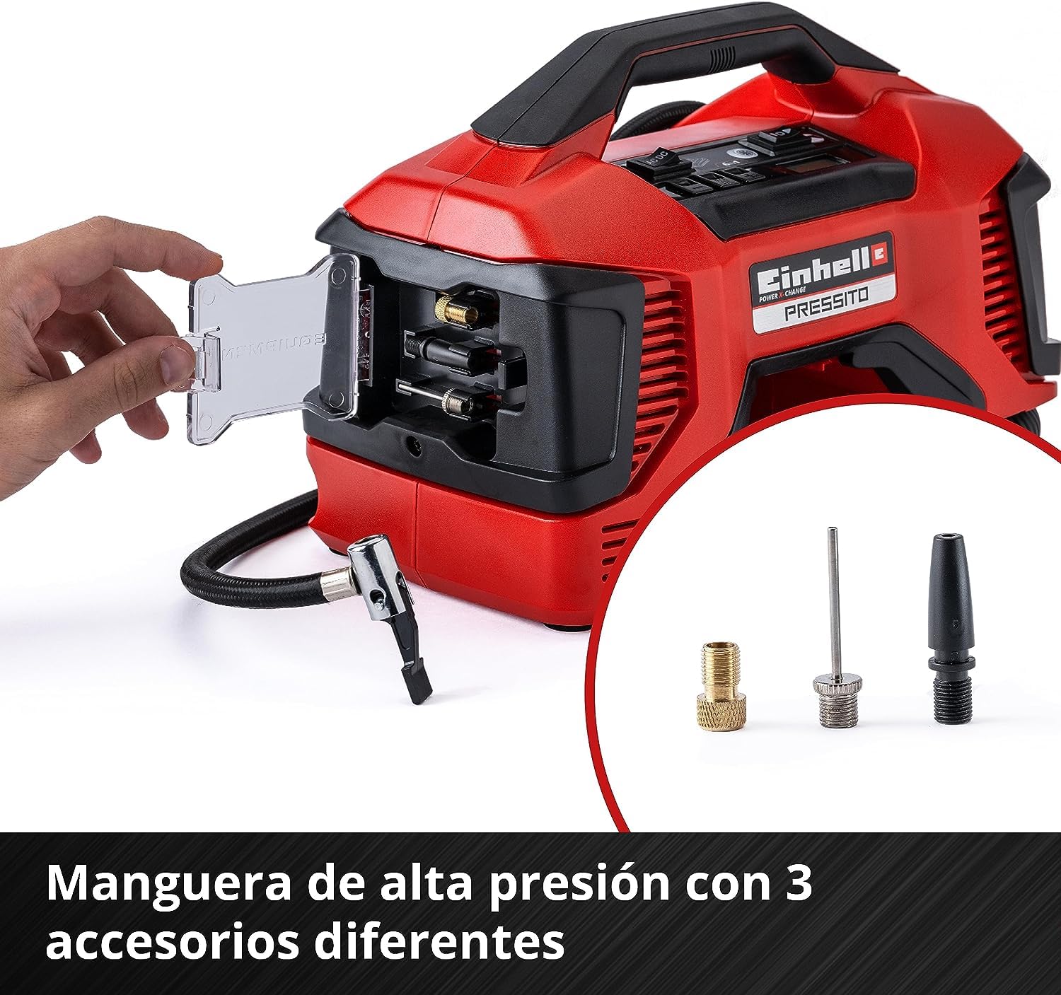 Einhell Compresor híbrido Pressito Power X-Change (18 V, con cable de corriente o batería recargable, incluye conjunto de inflado de 3 piezas, sin batería ni cargador)