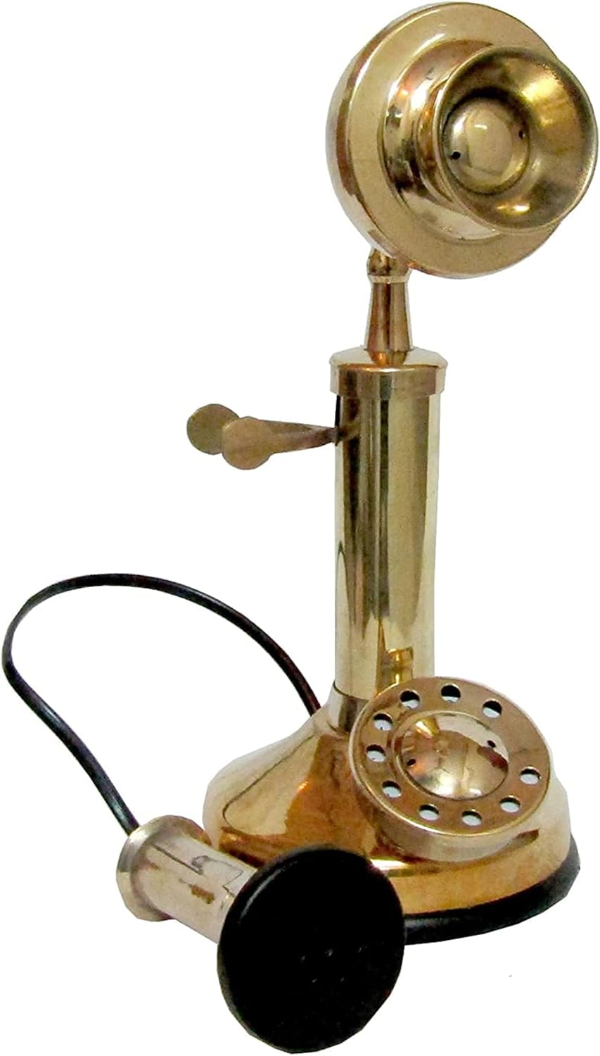 Vintage Model Ornament Collection: Vintage Brass Phone Decorative Small Candle Stick Telephone with Brass Finish Rotary Dial
