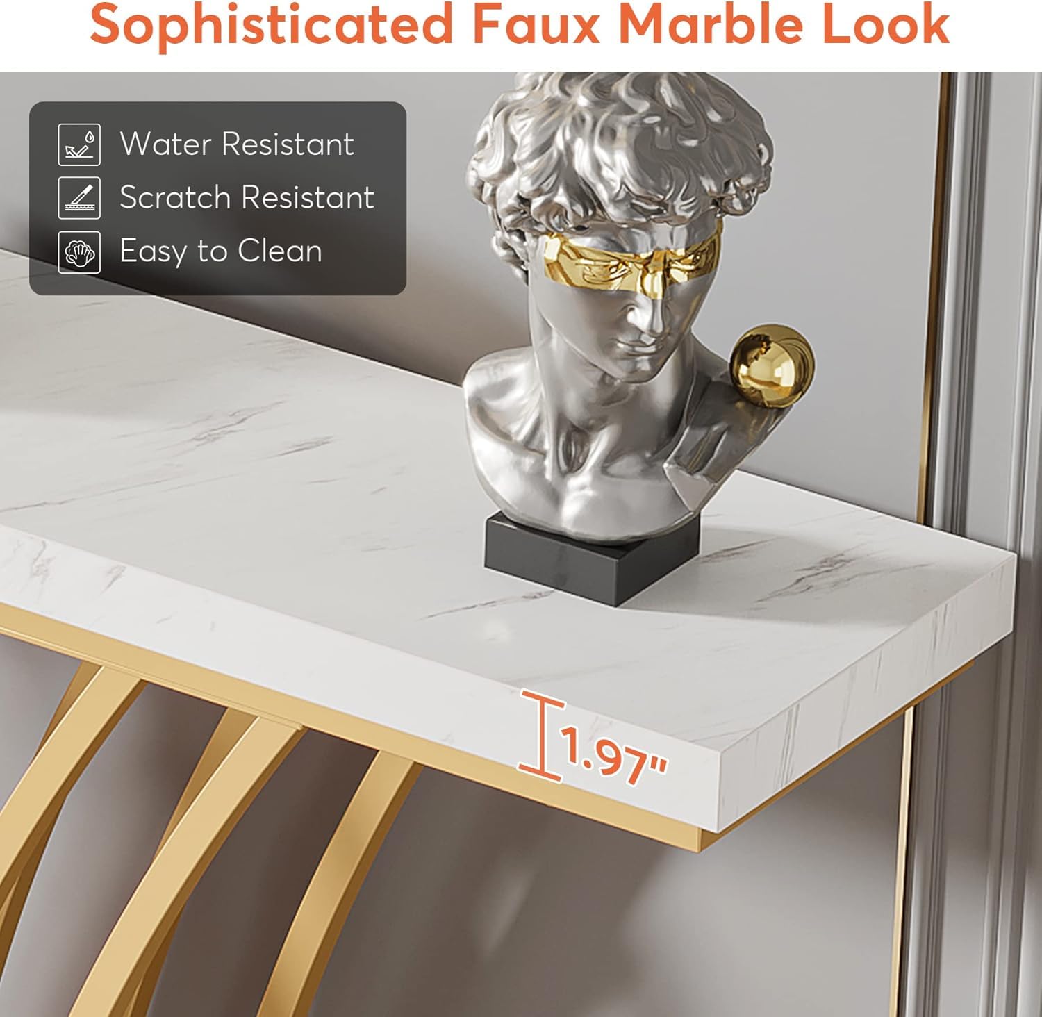 Lailang 150cm Consolle Ingresso, Tavolo Stretto e lungo, Mobile ingresso Legno, Consolle dietro Divano, Mobiletto ingresso moderno, 150 x 30 x 80 cm, White Faux Marble & Gold