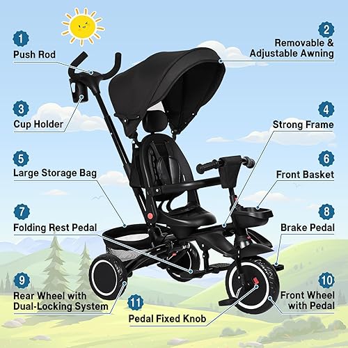 Miniatura 5 de Babevy Triciclo para bebé, bicicleta plegable 7 en 1 con mango de empuje ajustable extraíble, toldo, asiento giratorio, arnés de seguridad,
