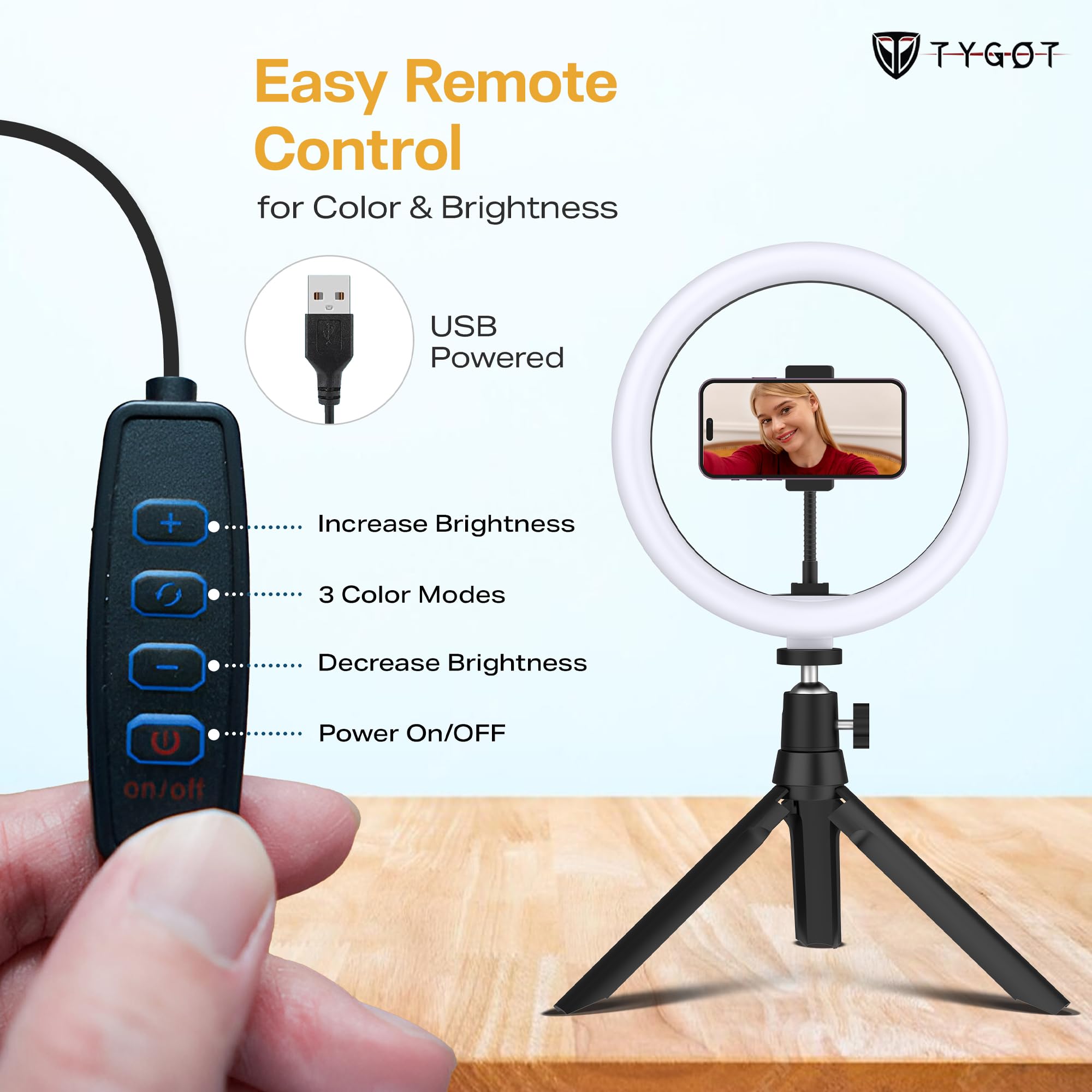 Tygot 12-Inch Ring Light with Adjustable Tripod Stand & Phone Holder, 3 Color Modes & 10 Brightness Levels, USB Powered LED Light for Makeup, YouTube, Photography, Zoom & Live Streaming — Amazon image 8