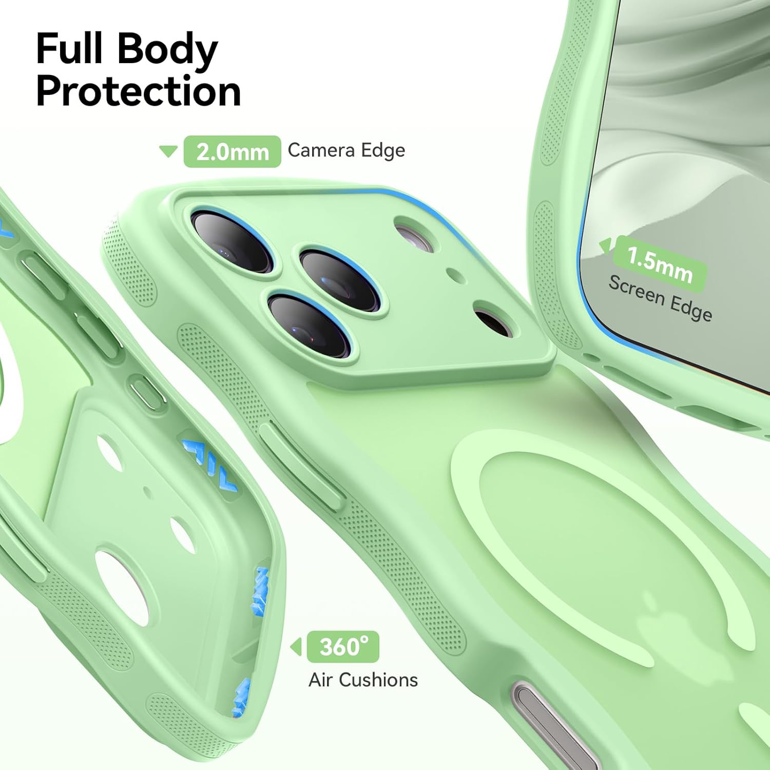 Magnetic for iPhone 17 Pro Case, Cute Wavy [Full Camera Protection][Fit for MagSafe] 1X Screen Protector + 1X Wrist Strap, Trendy Matte Women Girly Phone Case for iPhone 17 Pro 6.3", Matcha Green