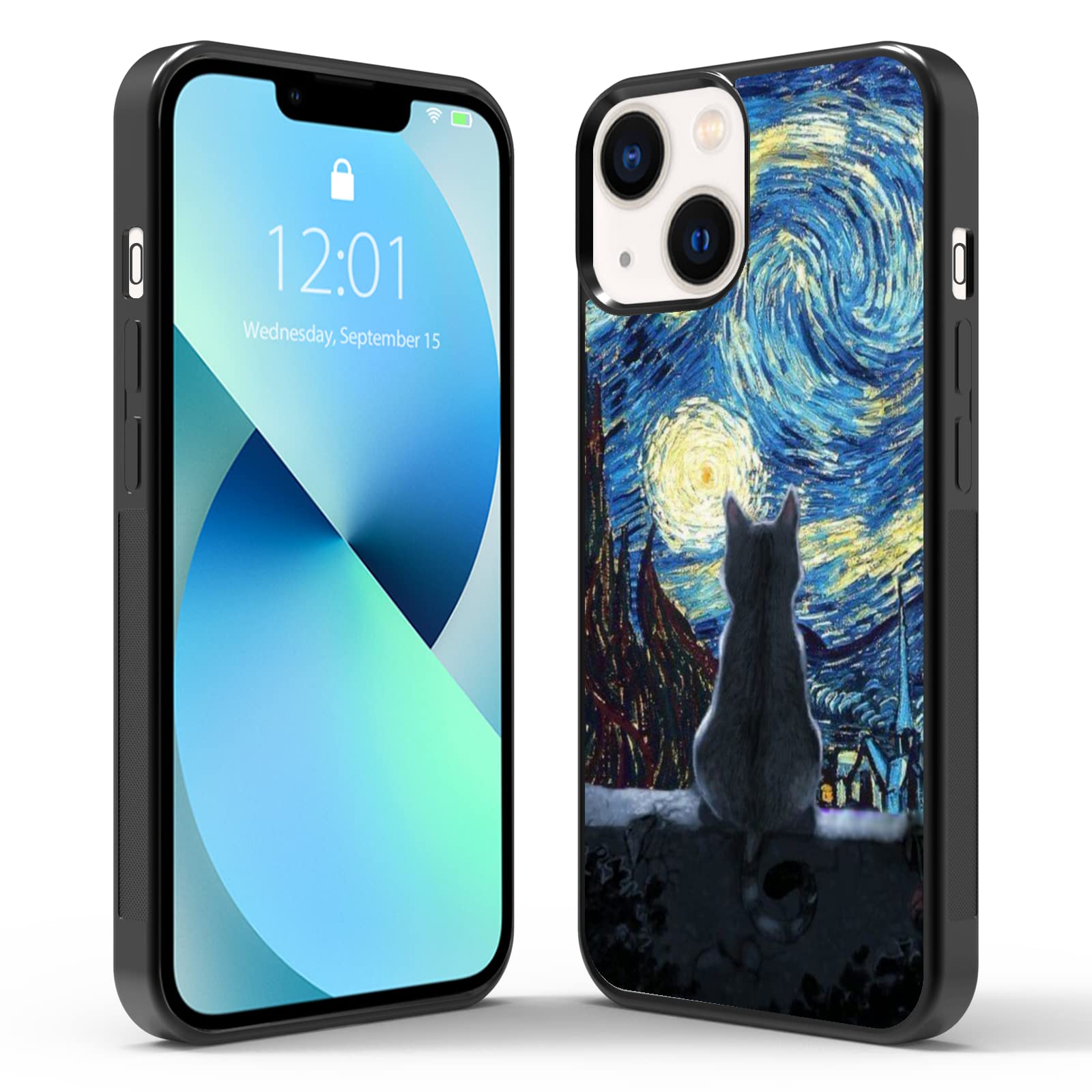 Black Cute Cat iPhone 13/14 Case - 6.1 Inch Van Gogh Cute Cat iPhone Case, Non-Slip Pattern Design and Shock Absorption, Soft Silica Gel Frame Support Black Phone Case for Teen Girls and Sisters