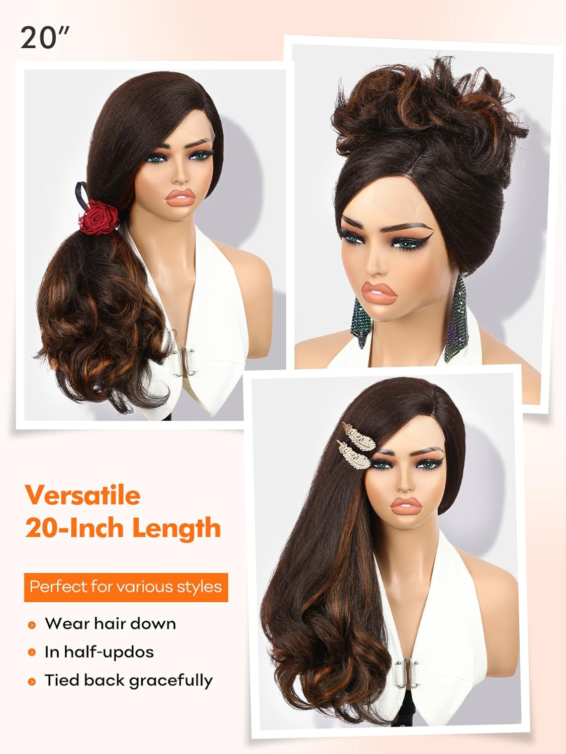 Quantum Love Highlight Yaki Curly Wigs Loose Curly Highlight Brown Layered Wigs For Women Synthetic Heat Resistant Hair Replacement Wig(20inch,Highlight Brown)