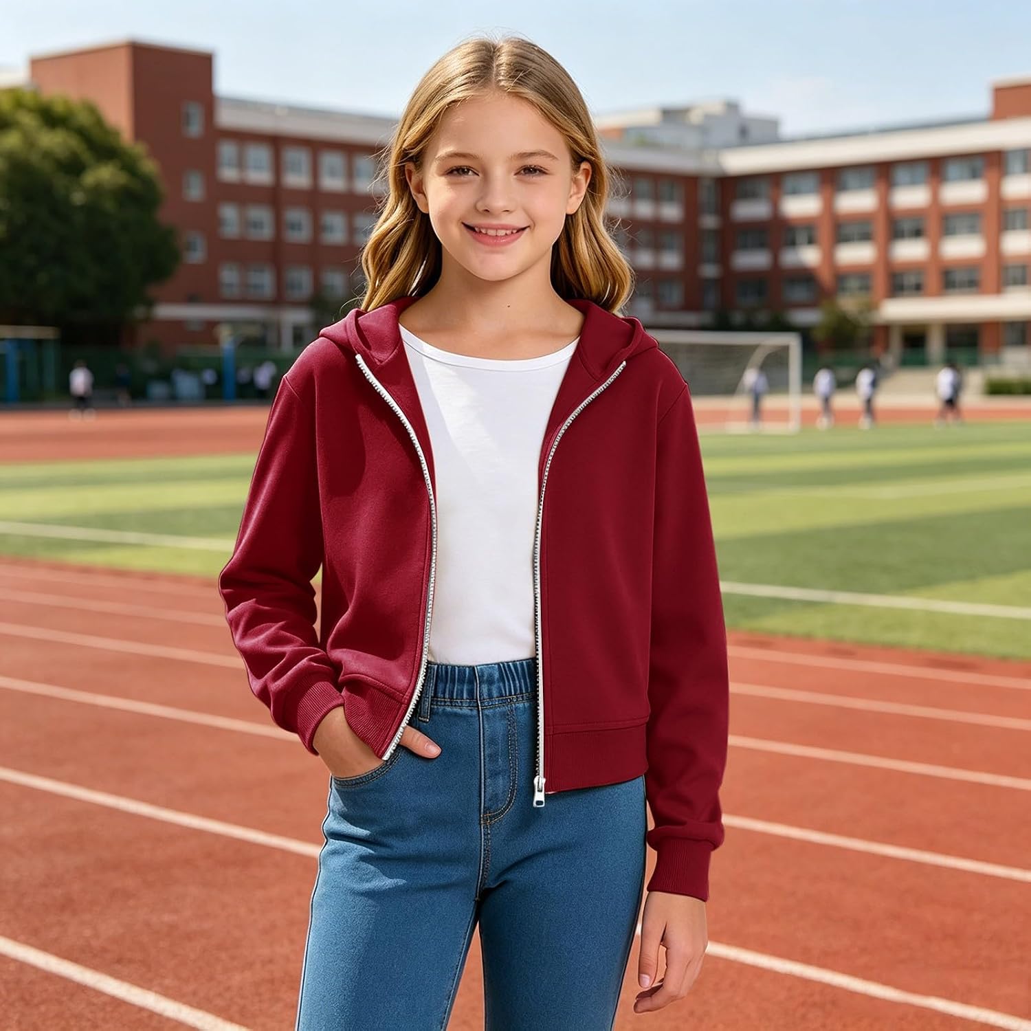 Zip Up Cropped Hoodie for Girls Fall Long Sleeve Preppy Hooded Sweatshirt