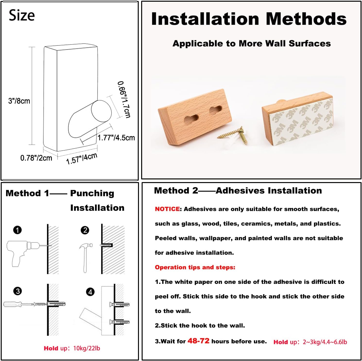 HomeDo 8Pack Adhesive Wall Hooks Hat Rack, Wooden Coat Hooks Wall Mounted, Decorative Hooks Single Organizer Hat Hanger Towel Rack, Heavy Duty Hooks (Rectangle-Walunt,8Pack)