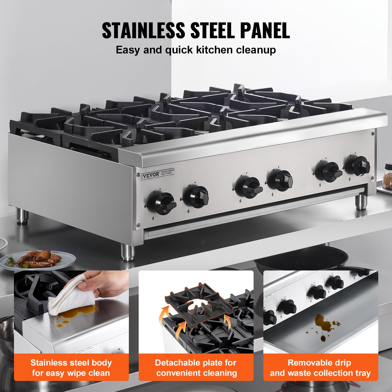 VEVOR Cuisinière à Gaz Commerciale avec 6 Brûleurs, Plaque de Cuisson de Comptoir au Propane et au Gaz Naturel, 42 kW, en Acier Inoxydable, Équipement de Cuisson Commercial pour Restaurant Domicile