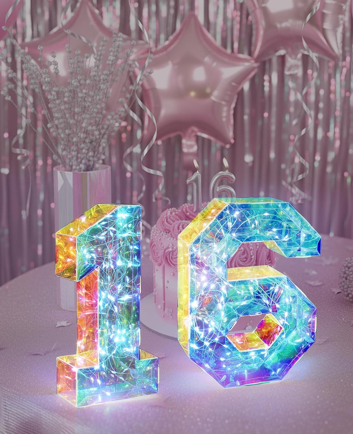 AceList Sweet 16 Iridescent Light Up Numbers Decoration, Prismatic Glow Marquee Sign with 70 LED Fairy Lights, USB & Battery Powered Birthday Party Décor, Anniversary Display