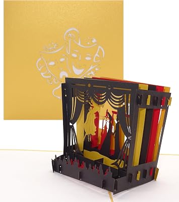 Biglietto d’auguri tridimensionale, elegante e dorato, con pop up a forma di palcoscenico teatrale