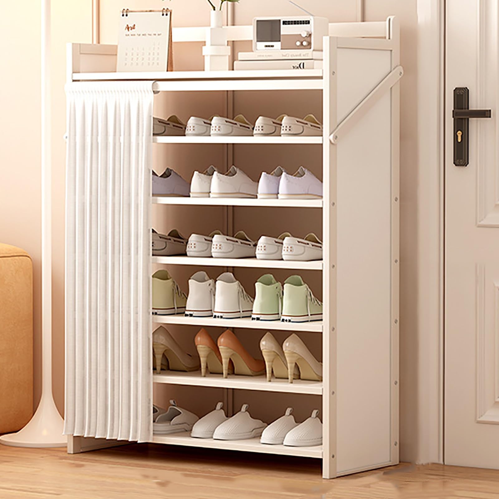 Foldable Shoe Rack No Assembly Required Bamboo Shoe Indoor/Outdoor Storage Shelf Independent Shoe Cabinet for Entryway Camping 2 Tier Black Color(White-7 Layers 27.5in)