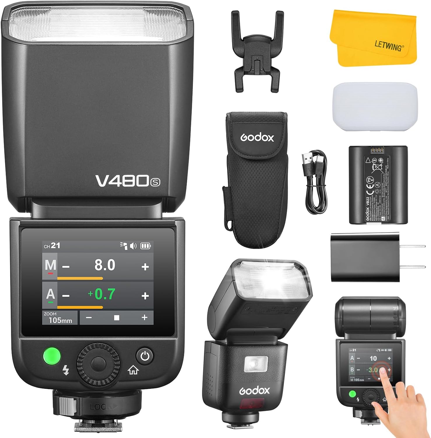 Godox V480 S TTL Touchscreen Camera Flash Speedlite, 2.4G Wireless 1/8000s HSS, 650 Full Power Flashes, 1.7s Recycle Time, 10 Levels LED Light,Rechargable Li-ion Battery