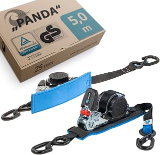 valonic Panda - 2X 5m Automatik Spanngurt mit Haken, gepolstert, Blaue Fahne, 25mm, 300/600Kg, TÜV Rheinl. / GS, EN 12195-2 - Spanngurte mit Ratsche, Zurrgurte für Motorrad, Auto, SUP schwarz