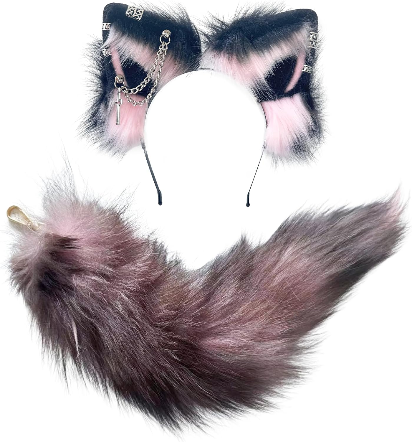 Cat Fox Wolf Ears and Tail Set - Plush Cosplay Clips Headband and Tail for Halloween, Costume Accessories,Gothic Punk 02ALL