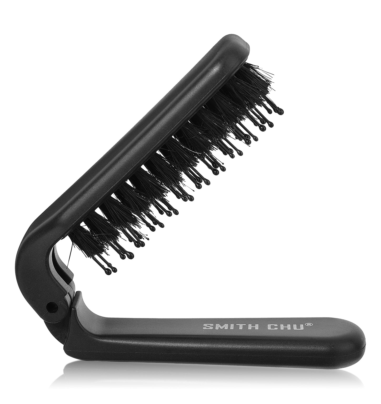 Folding Hair Brush Travel Size, Mini Boar Bristle Hair Brush Compact Pocket-Size Detangling Comb for Wet/Dry & Curly Hair Women Men Kids (Black)