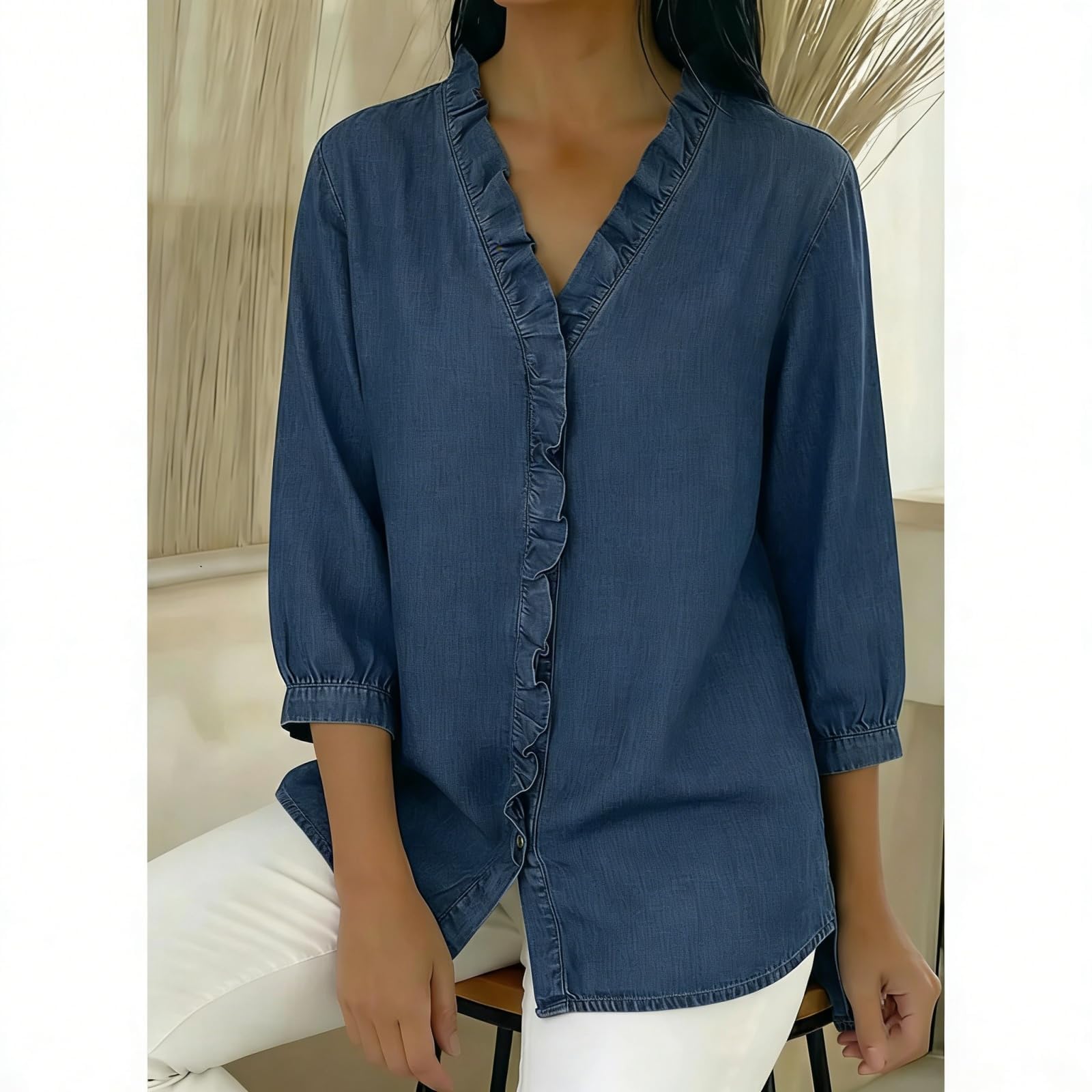 Camicia in jeans da donna con scollo a V, maniche a 3/4 arrotolabili, stile casual, con scollo a V e balze