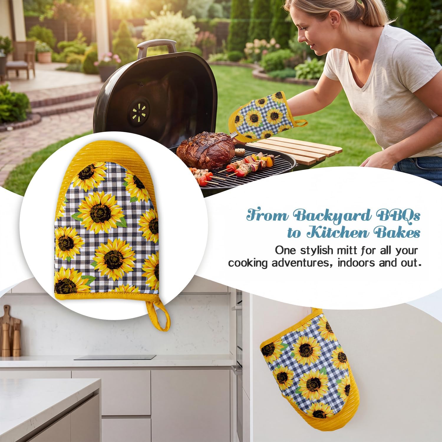 Ribbed Mini Oven Mitts 2-Pack Set, 5.5"x8.5", Sunflower Printed, Heavy Duty Cotton, Non-Slip Heat Resistant Soft Silicone Oven Mitts with Hanging Loop for Cooking Kitchen Decor