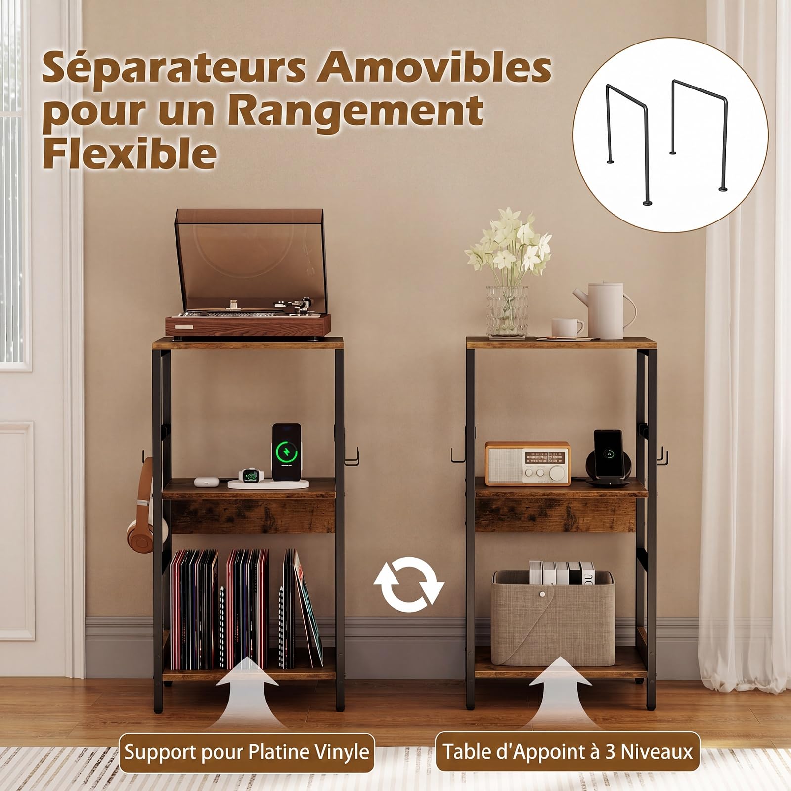 COSTWAY Meuble Platine Vinyle avec Prise, Rangement Platine Vinyle avec 2 Séparateurs, 3 Crochets, Cadre en Métal, Support Tourne-Disque pour CD DVD Manga, Meuble HiFi Vinage pour Salon, Chambre