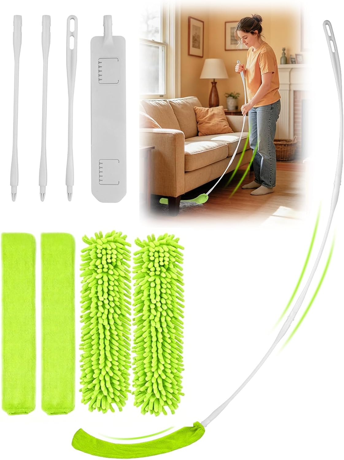 Bend-Free Gap Dust Cleaner Cleaning Tools Washable Flat Duster Brush with 4 Microfiber Chenille Dusting Cloths Long Handle 56 inches for Cleaning Under Appliances Furniture Couch Bed Fridge Ceilings