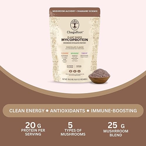 Miniatura 7 de ChagaRoot Mycoprotein Mushroom Protein Powder, Chocolate Flavor, 20g Plant Based Protein per Serving, Reishi, Chaga, Lions Mane, Shiitake, Turkey