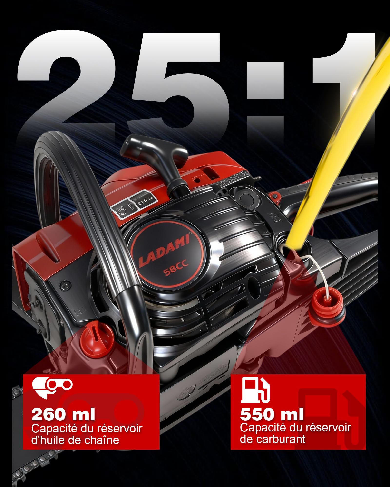 Tronçonneuse thermique 58cm³ professionnelle, moteur 2 temps, 3,5CV, avec guide-chaîne de 50 cm et 40cm, 2 chaînes, idéale pour l'entretien des arbres, l'exploitation forestière et le jardinage