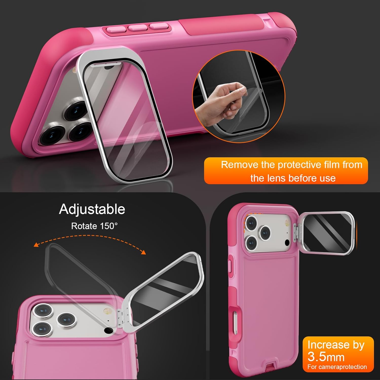 Follaroma for iPhone 17 Pro Max Case with Stand, Built-in Camera Cover, Compatible with MagSafe, Heavy Duty Shockproof Protection Phone Case, Anti-Drop, Magnetic Dual Layer Protective Cover, 6.9",Pink