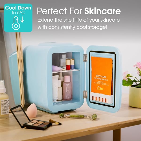 Abode Blue Mini Fridge A4CLR201BL 4L/6 Can Portable Thermoelectric Mini Cooler & Warmer for Drinks, Cosmetics/Makeup/Skincare, AC/DC Power, Retro Style, For Bedroom, Home, Caravan, Car - 4