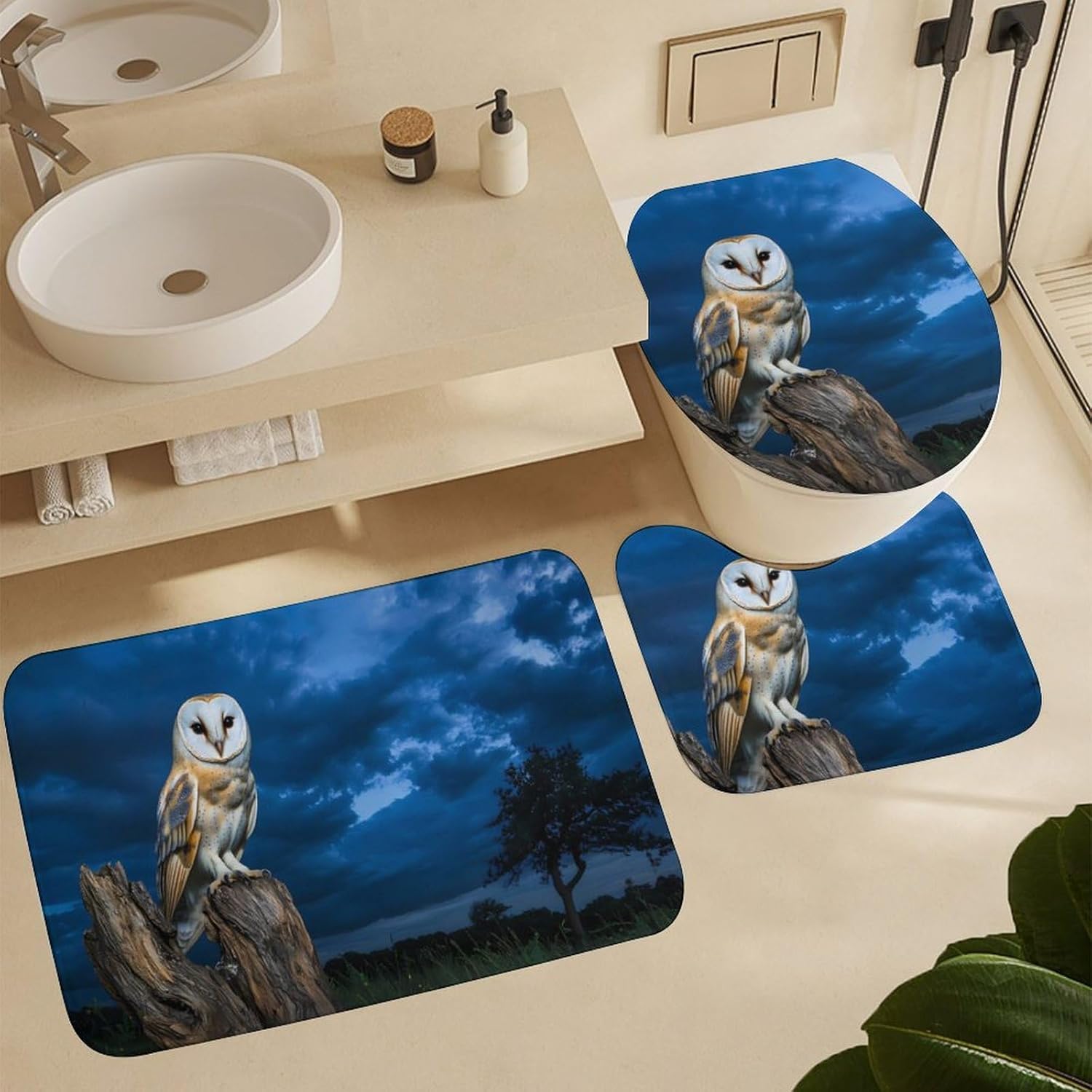 Owl in Night Bathroom Sets with Shower Curtain and Rugs 4 Piece with U-Shaped Floor Mat Toilet Lid Cover