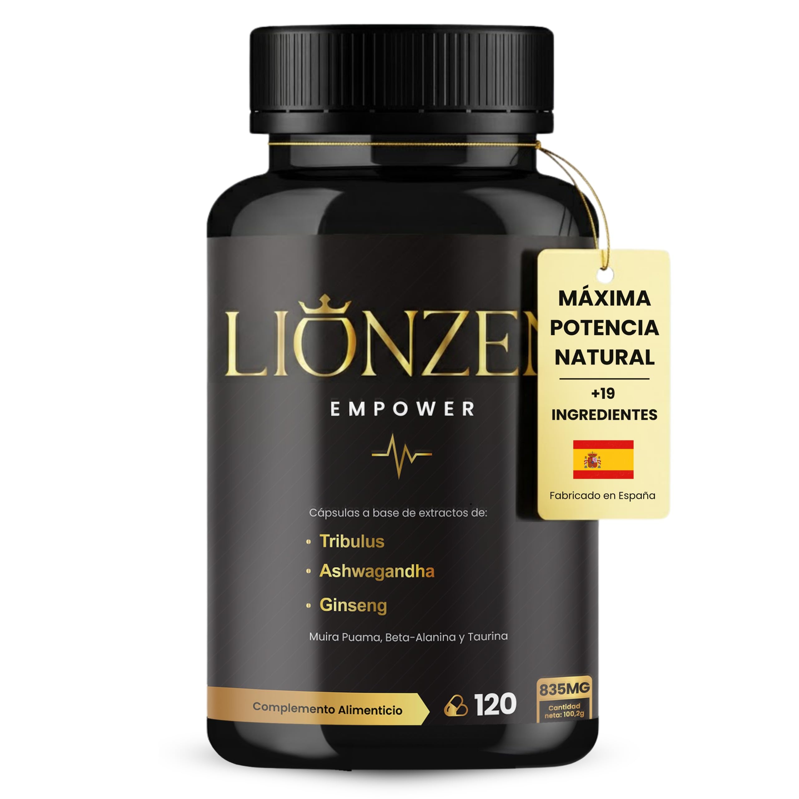Testosterona Hombre Musculacion | Fuerza y Energía | +19 ingredientes | Ashwagandha, Maca, Ginseng, Tribulus terrestris, Ginkgo, Beta Alanina, Taurina, Muira Puama, L-Arginina, Zinc, Vitaminas. 120c