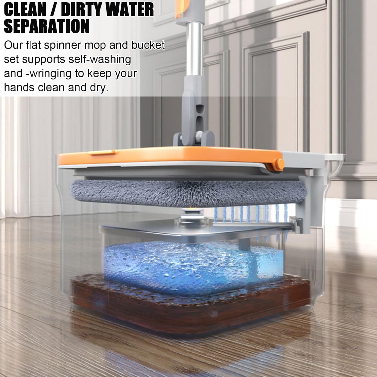 Spin Mop & Bucket System - Dual Compartment Design for Clean & Dirty Water - Built-in Scraper Tool - 2 Reusable Microfiber Pads - All Types Floor Cleaning