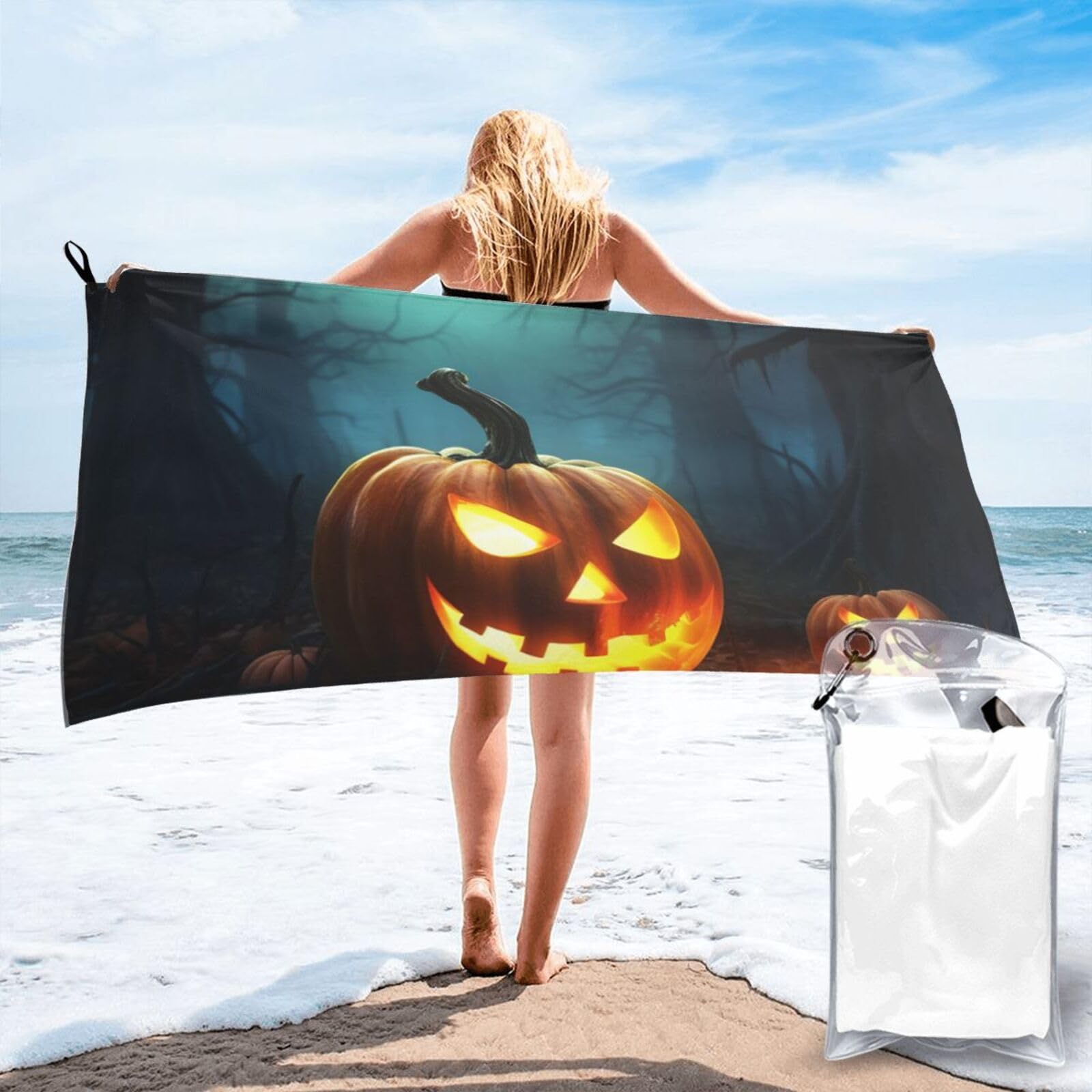 DWVTSLH Microfiber Sand Free Beach Towel 27.5"x55", Quick Dry Absorbent Travel Towel Large Camping Blanket, Happy Halloween Pumpkins Bath Towels Lightweight Pool Swim Towels for Vacation Essentials