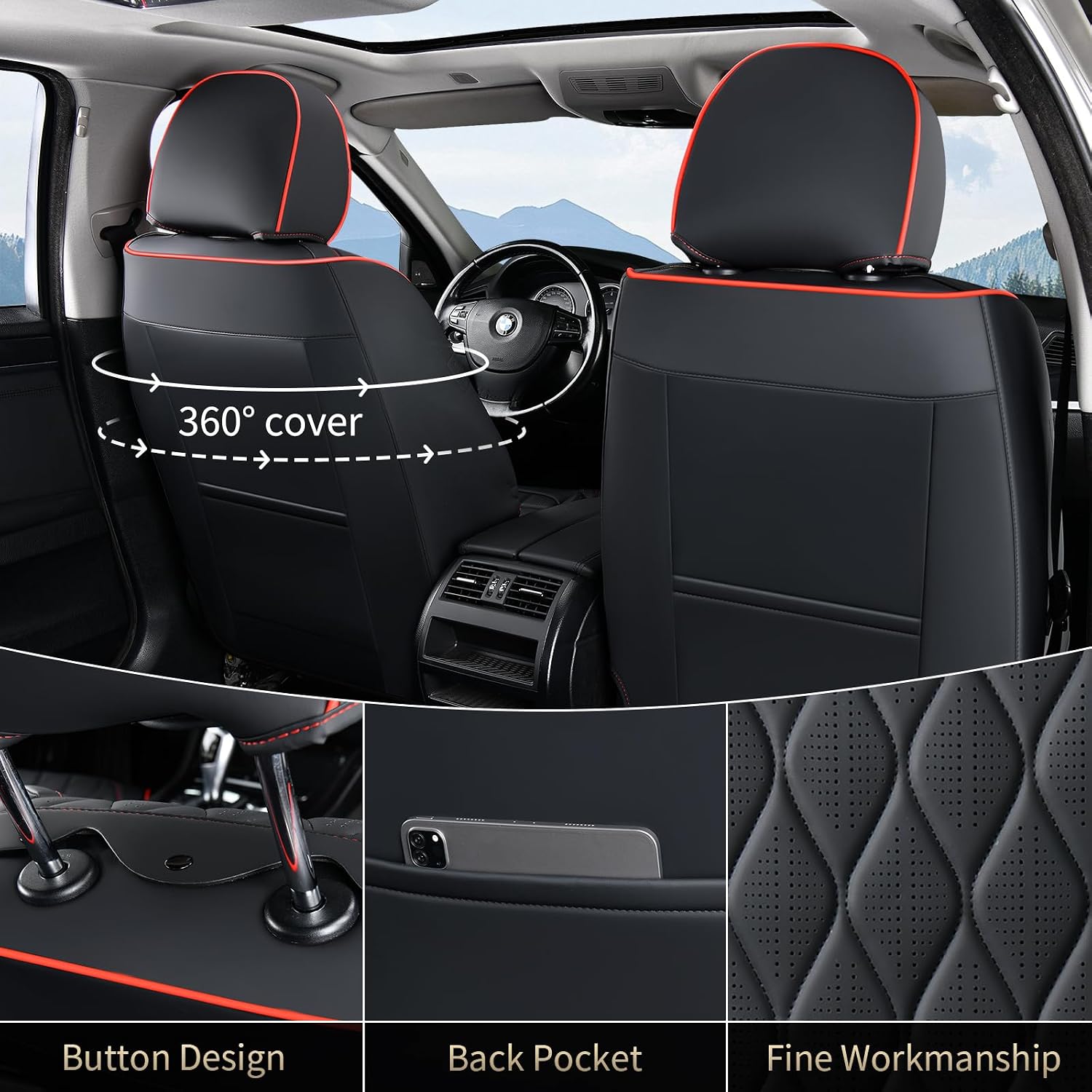 FLORICH Car Seat Covers Front Pair Luxury Faux Leather Car Seat Cover Automotive Seat Covers 2 Pack Waterproof Car Seat Cushion Protector Universal Fit for Most Cars Sedans Trucks SUV, Black&Red Line