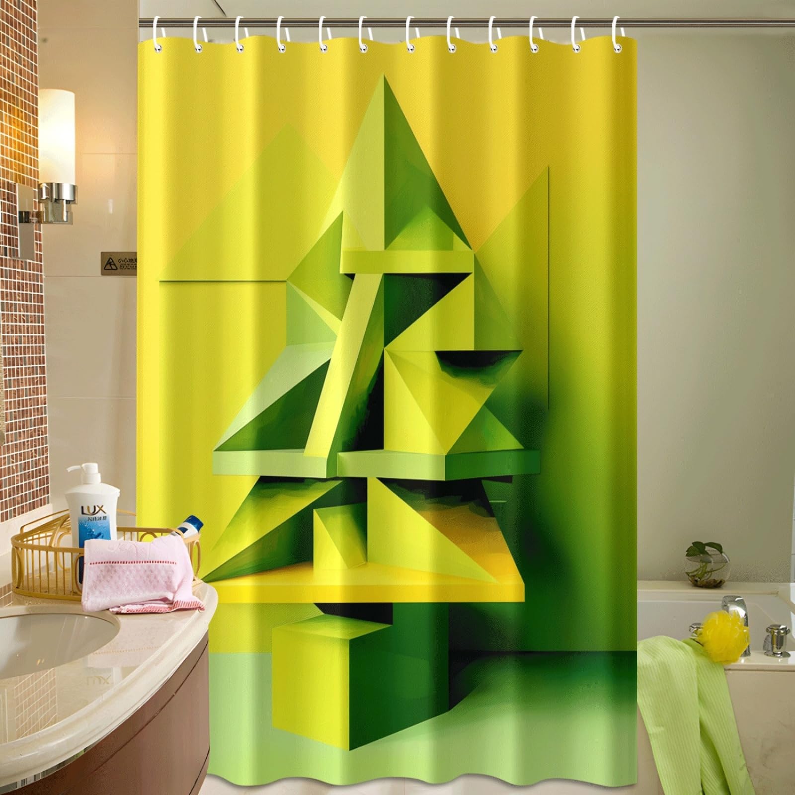Tenda Doccia Geometrico Giallo Verde Tenda Doccia Antimuffa Impermeabile Poliestere Lavabile con 12 Ganci Facile da Installare Tende Finestra Bagno per Dormitorio Hotel(180x220cm)