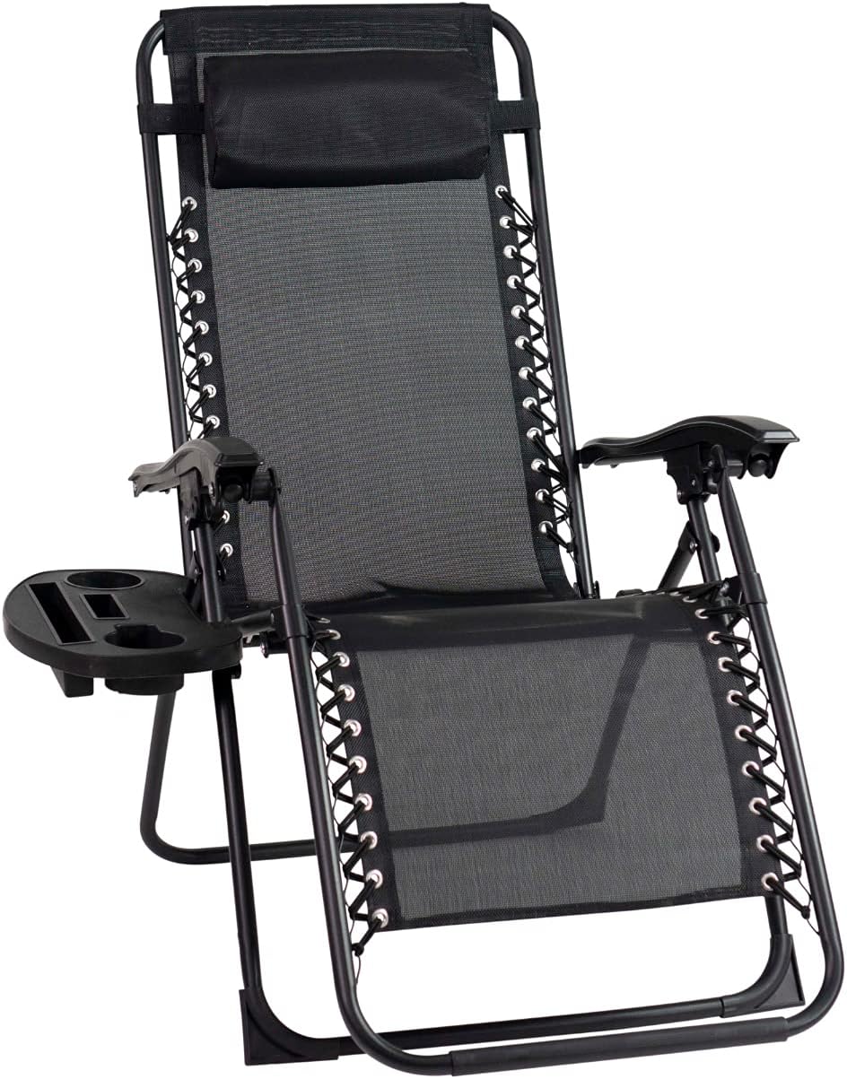 Sun-Ray Oversized Patio Chair with Leg Stabilizers and Big Cupholder, Adjustable Zero Gravity Folding Reclining Outdoor Chair with Pillow, Black