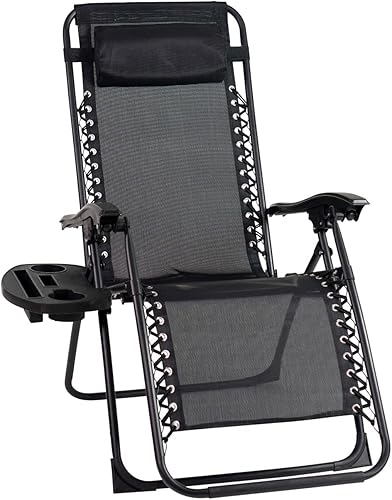 Sun-Ray Silla de patio de gran tamaño con estabilizadores de patas y portavasos grande, silla reclinable plegable ajustable de gravedad cero con