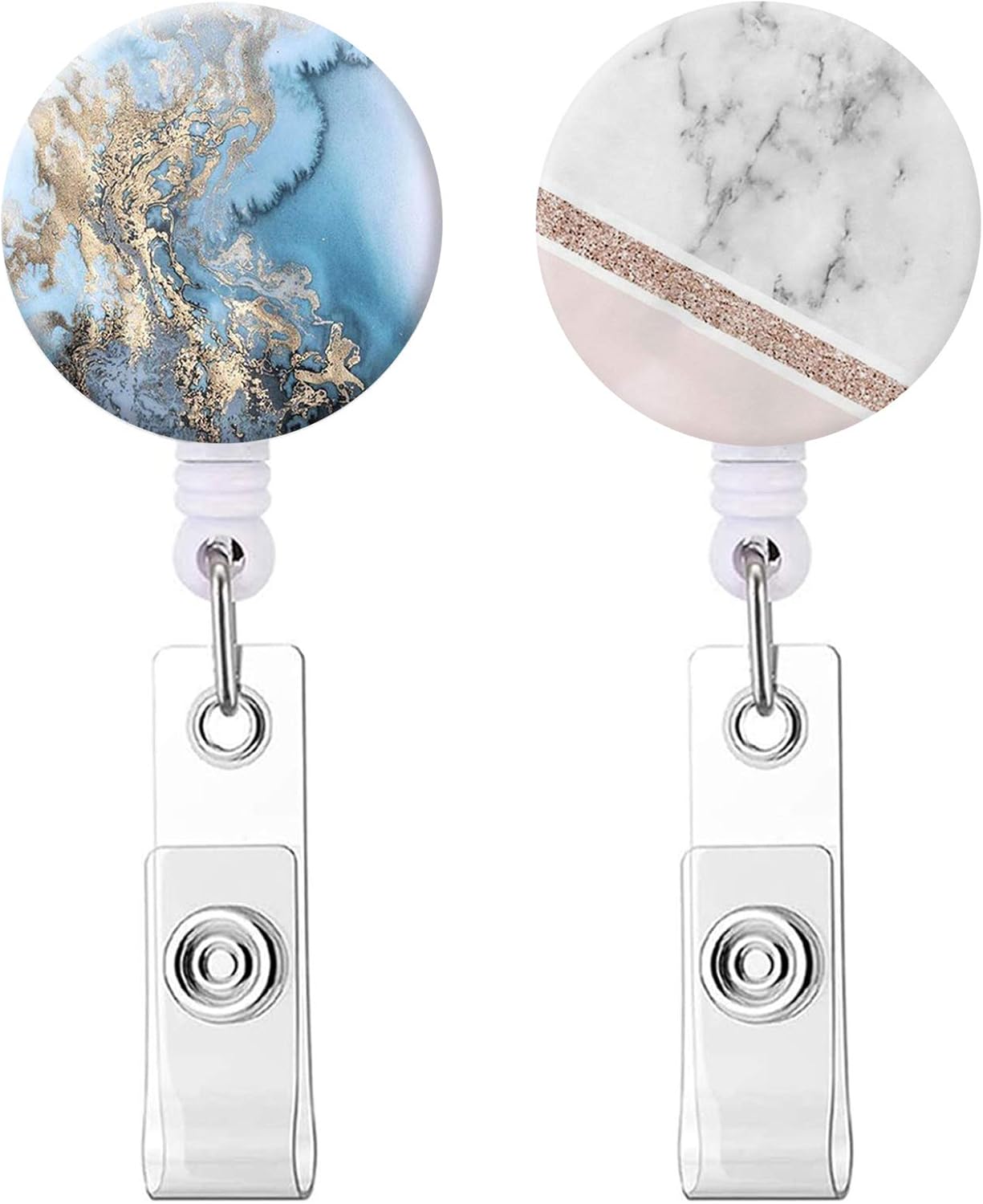 Badge Reel, Retractable ID Card Badge Holder with Alligator Clip, Decorative Name Badge Holder, 24 inch Nylon Cord (Marble / 2 Pack)