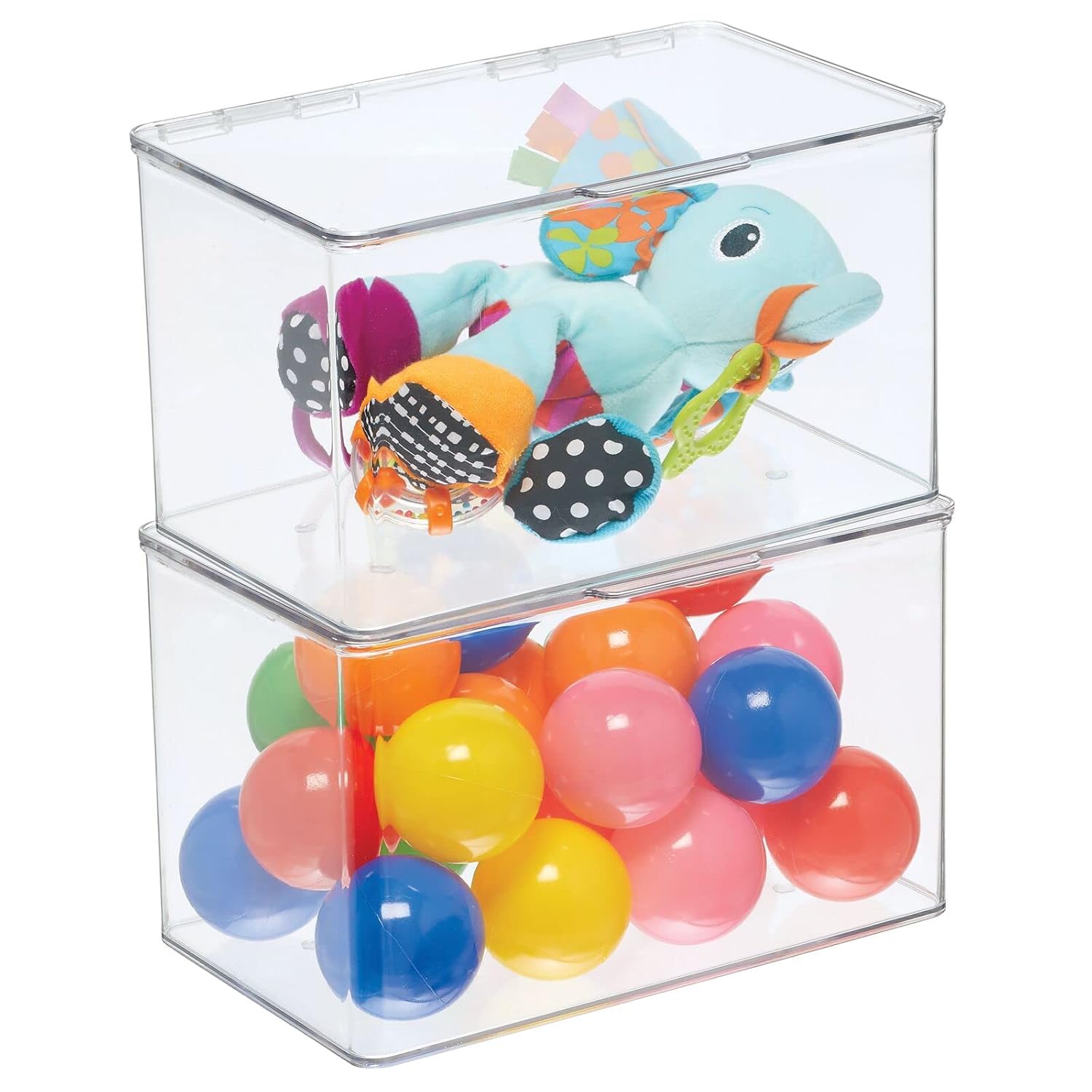 mDesign Set of 2 Storage Boxes with Lids Stackable Plastic Storage Boxes for Nursery Practical Plastic Toy Box