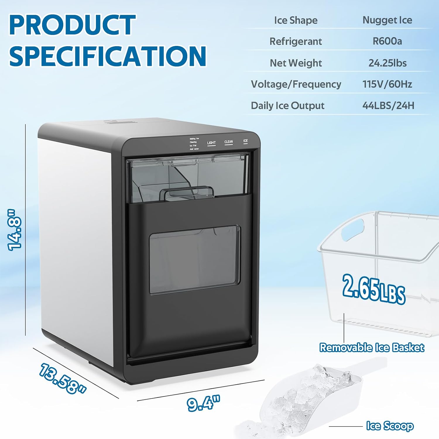 Product specifications showing dimensions, ice basket, and ice scoop